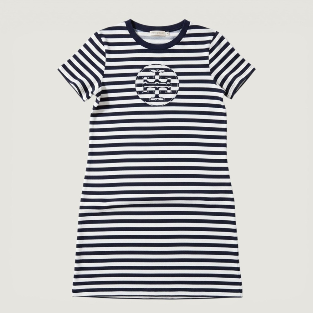 Tory Burch Striped Logo T Shirt Dress Womens Small Navy 81506 Short Sleeve